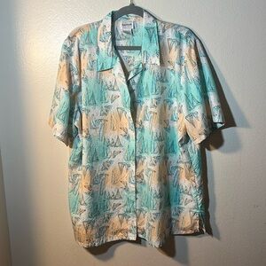 Vintage Bon Worth orange Turquoise Sailboats Print Beach Button Up XL